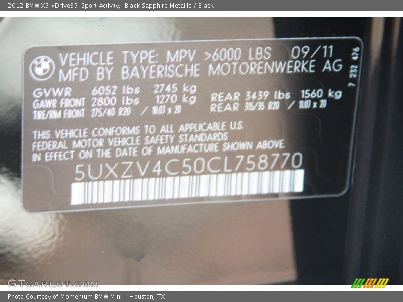 Black Sapphire Metallic / Black 2012 BMW X5 xDrive35i Sport Activity
