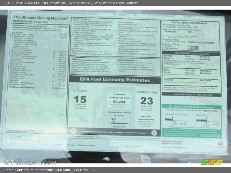  2012 6 Series 650i Convertible Window Sticker