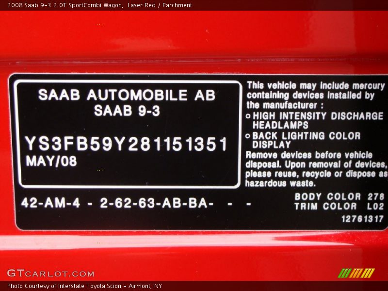 2008 9-3 2.0T SportCombi Wagon Laser Red Color Code 278