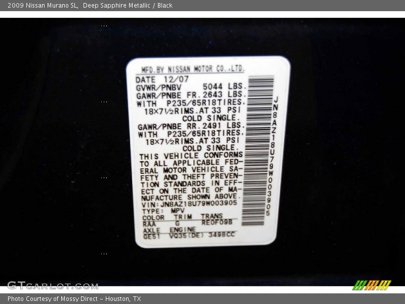 Deep Sapphire Metallic / Black 2009 Nissan Murano SL