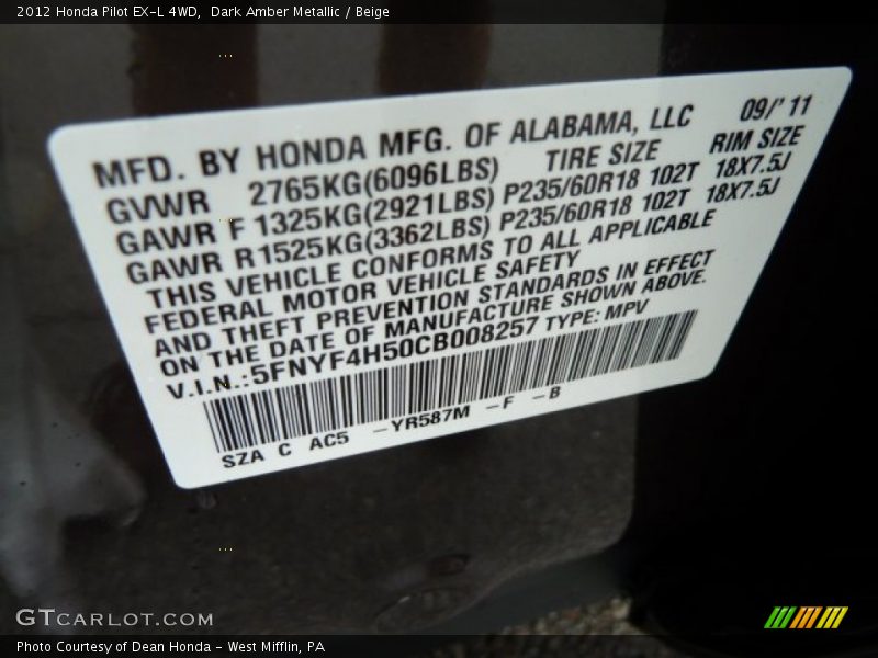 Dark Amber Metallic / Beige 2012 Honda Pilot EX-L 4WD