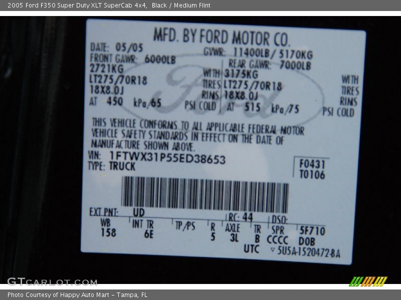 2005 F350 Super Duty XLT SuperCab 4x4 Black Color Code UD