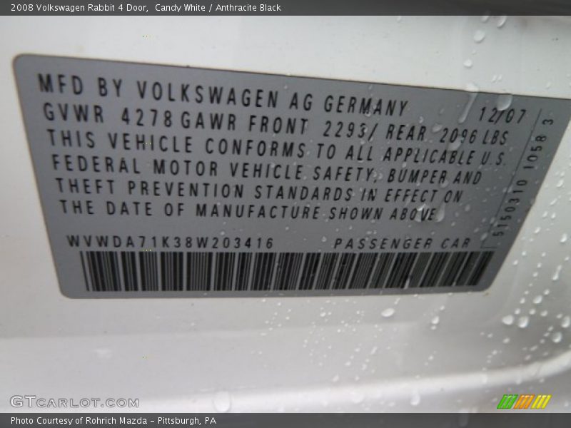 Candy White / Anthracite Black 2008 Volkswagen Rabbit 4 Door