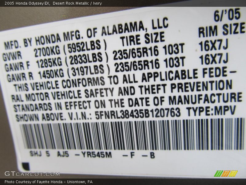 Desert Rock Metallic / Ivory 2005 Honda Odyssey EX