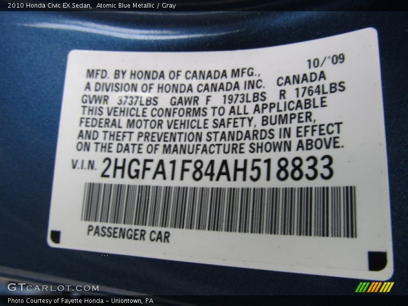Atomic Blue Metallic / Gray 2010 Honda Civic EX Sedan