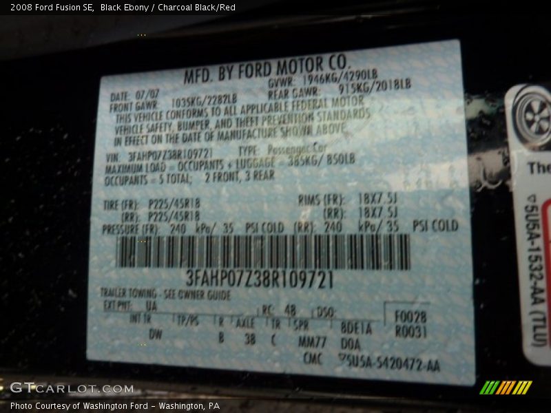 Black Ebony / Charcoal Black/Red 2008 Ford Fusion SE