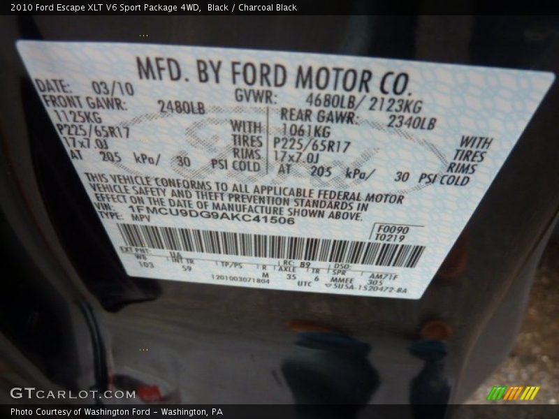 Black / Charcoal Black 2010 Ford Escape XLT V6 Sport Package 4WD