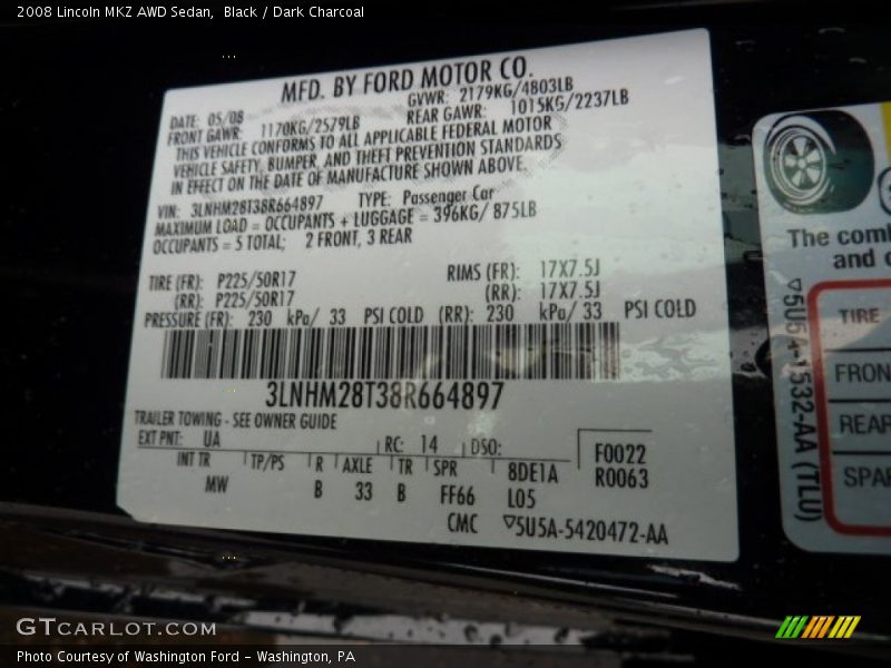 Black / Dark Charcoal 2008 Lincoln MKZ AWD Sedan