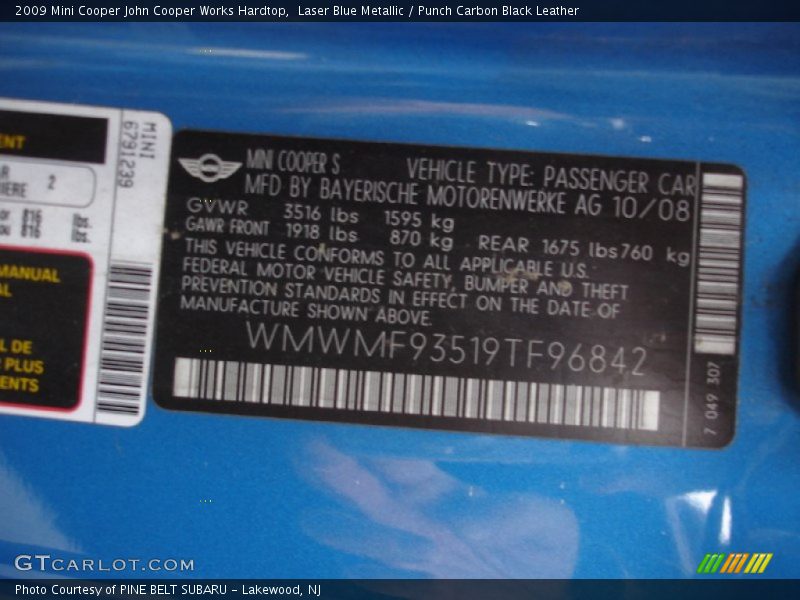 Laser Blue Metallic / Punch Carbon Black Leather 2009 Mini Cooper John Cooper Works Hardtop