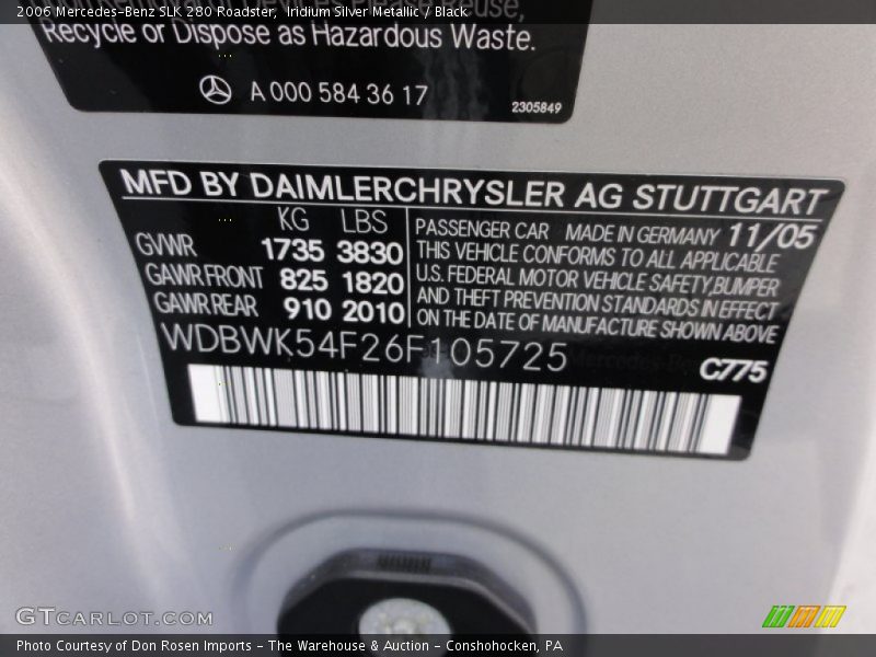 2006 SLK 280 Roadster Iridium Silver Metallic Color Code 775