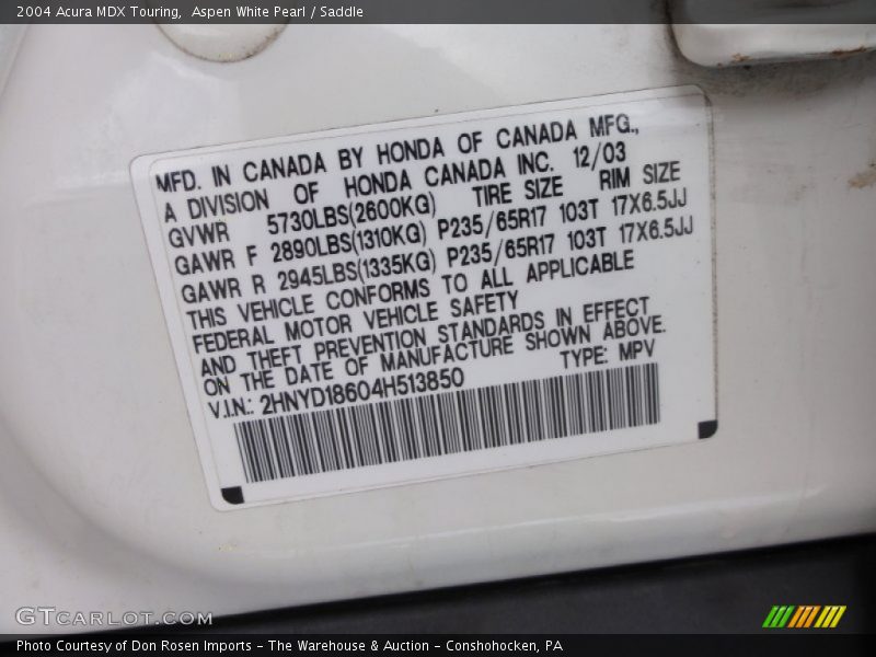 Aspen White Pearl / Saddle 2004 Acura MDX Touring