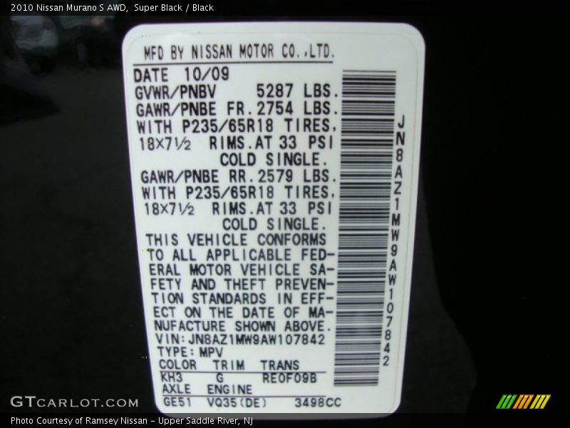 Super Black / Black 2010 Nissan Murano S AWD