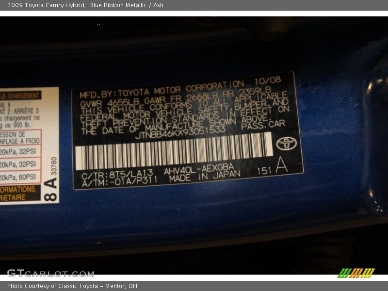 2009 Camry Hybrid Blue Ribbon Metallic Color Code 8T5