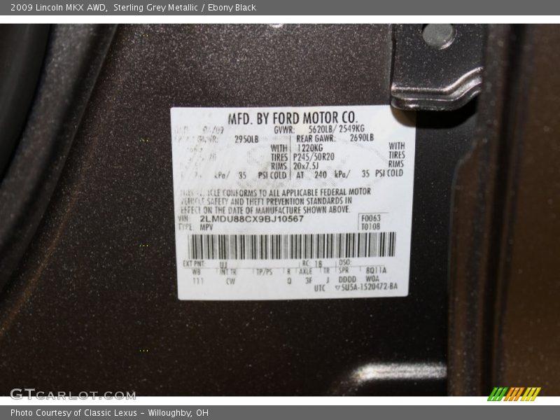 2009 MKX AWD Sterling Grey Metallic Color Code UJ