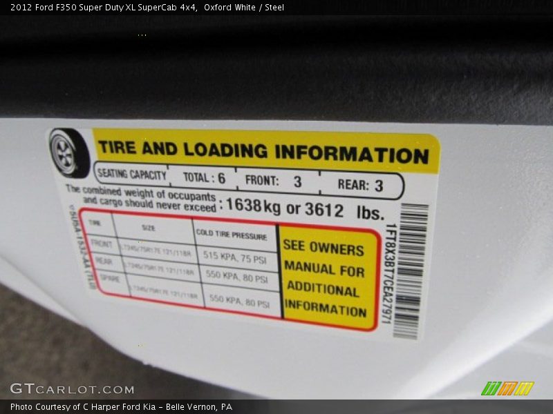 Info Tag of 2012 F350 Super Duty XL SuperCab 4x4