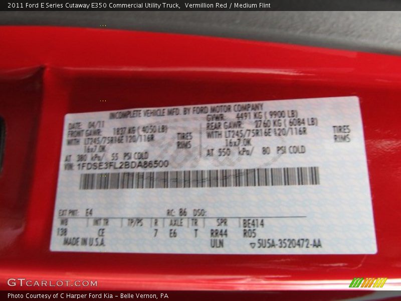 2011 E Series Cutaway E350 Commercial Utility Truck Vermillion Red Color Code E4