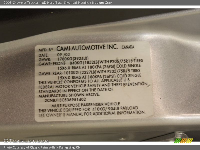 Silverleaf Metallic / Medium Gray 2003 Chevrolet Tracker 4WD Hard Top