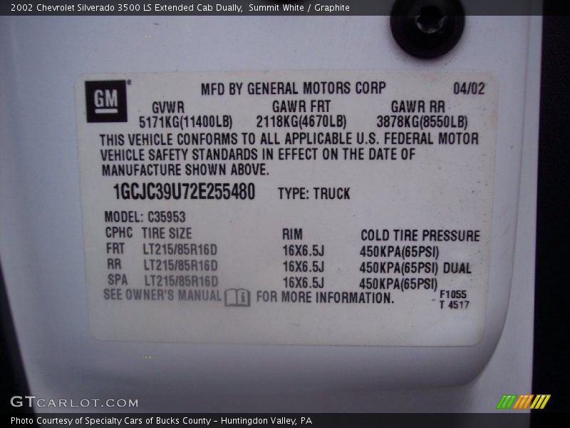 Info Tag of 2002 Silverado 3500 LS Extended Cab Dually