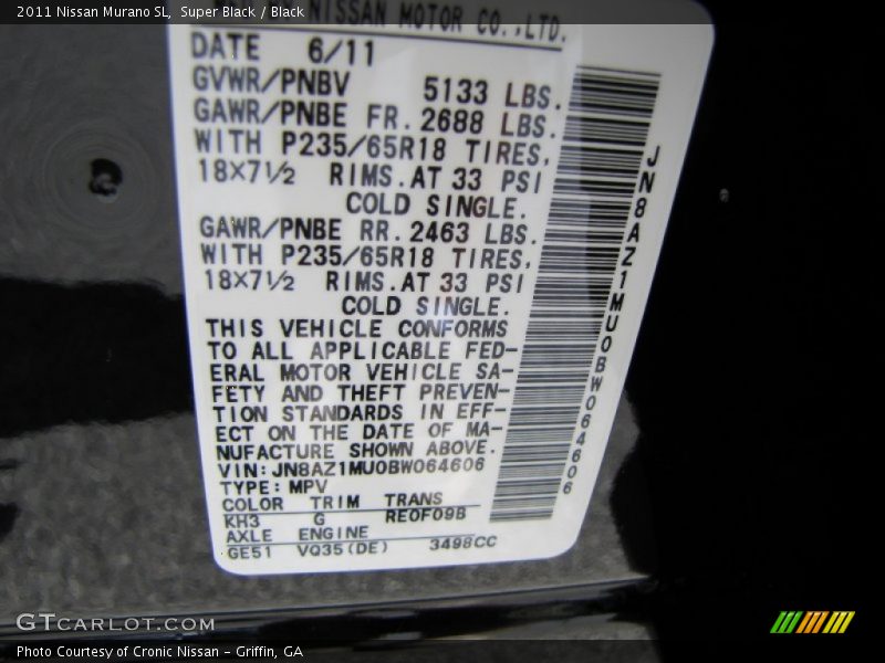 Super Black / Black 2011 Nissan Murano SL