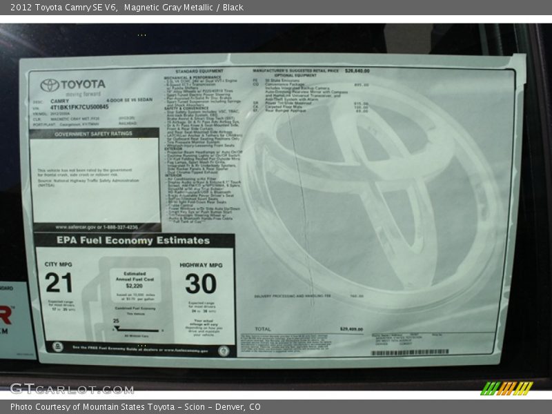  2012 Camry SE V6 Window Sticker