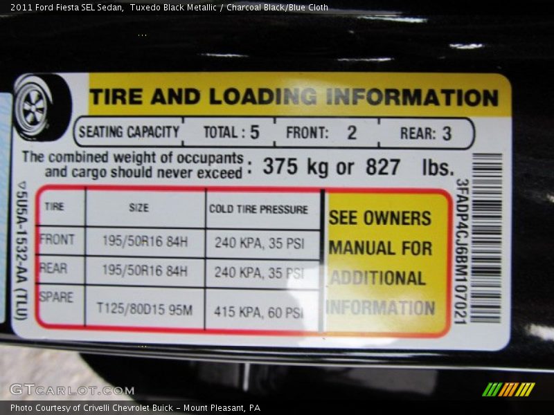 Info Tag of 2011 Fiesta SEL Sedan