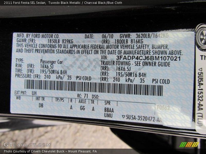 2011 Fiesta SEL Sedan Tuxedo Black Metallic Color Code UH