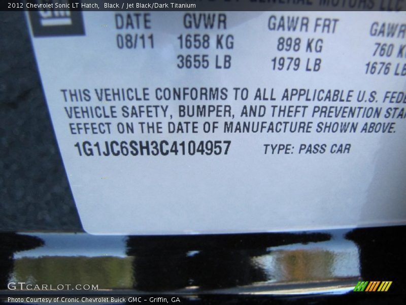 Black / Jet Black/Dark Titanium 2012 Chevrolet Sonic LT Hatch