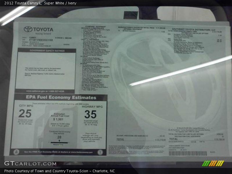  2012 Camry L Window Sticker