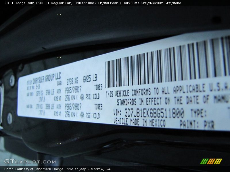 Brilliant Black Crystal Pearl / Dark Slate Gray/Medium Graystone 2011 Dodge Ram 1500 ST Regular Cab