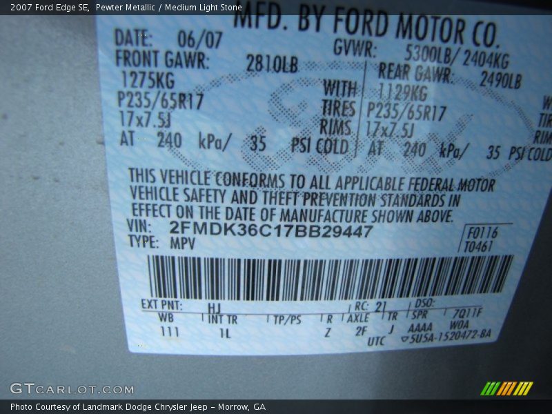 Pewter Metallic / Medium Light Stone 2007 Ford Edge SE