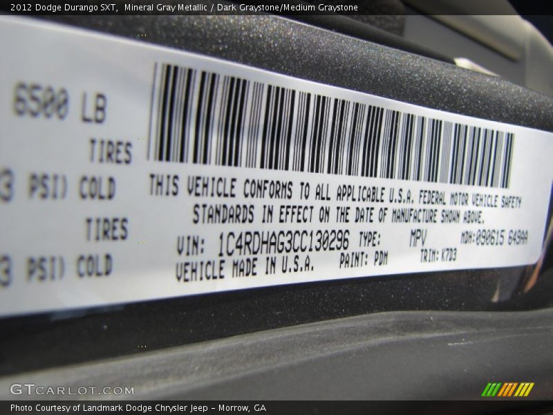 Mineral Gray Metallic / Dark Graystone/Medium Graystone 2012 Dodge Durango SXT