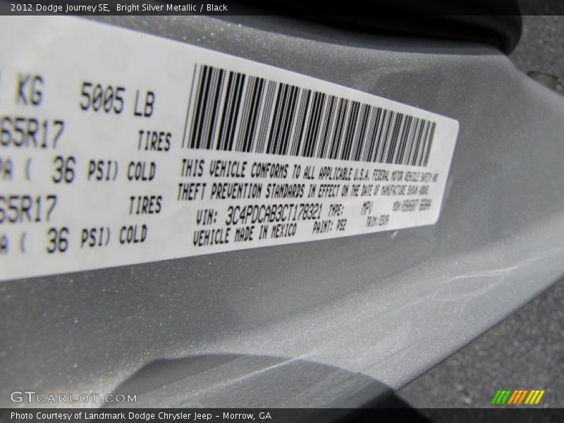 Bright Silver Metallic / Black 2012 Dodge Journey SE