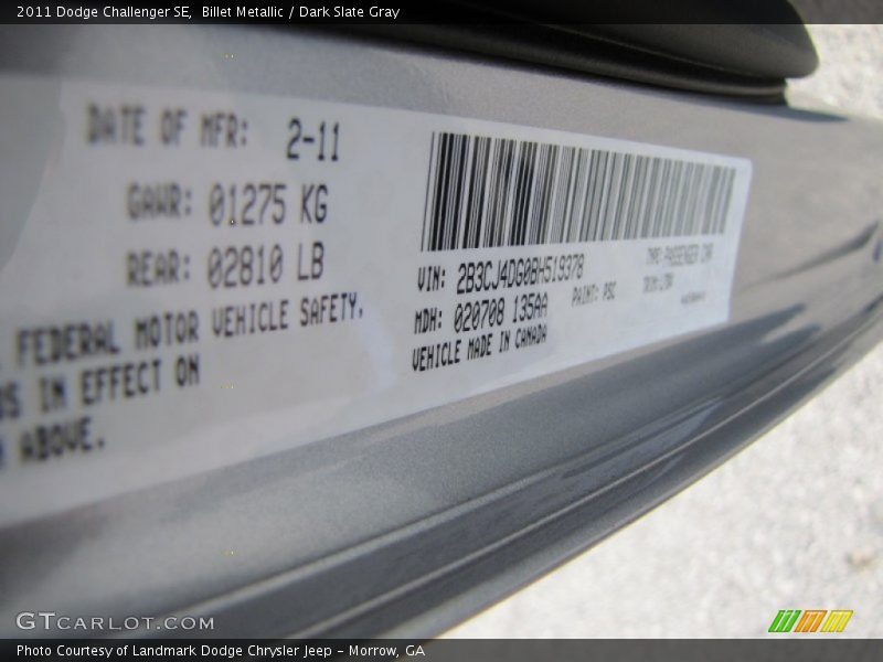 Billet Metallic / Dark Slate Gray 2011 Dodge Challenger SE