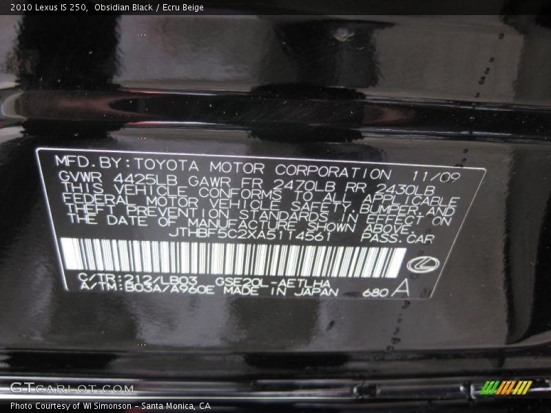 2010 IS 250 Obsidian Black Color Code 212