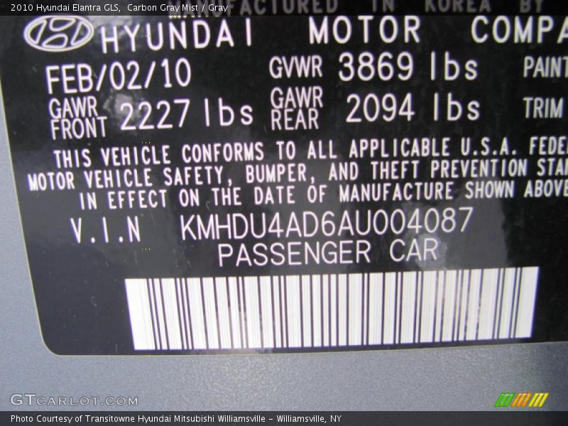 Carbon Gray Mist / Gray 2010 Hyundai Elantra GLS