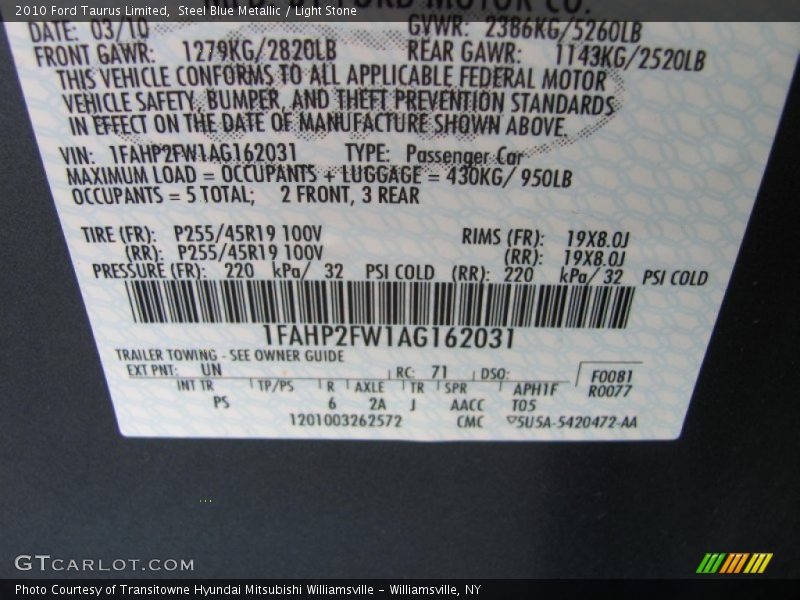 Steel Blue Metallic / Light Stone 2010 Ford Taurus Limited