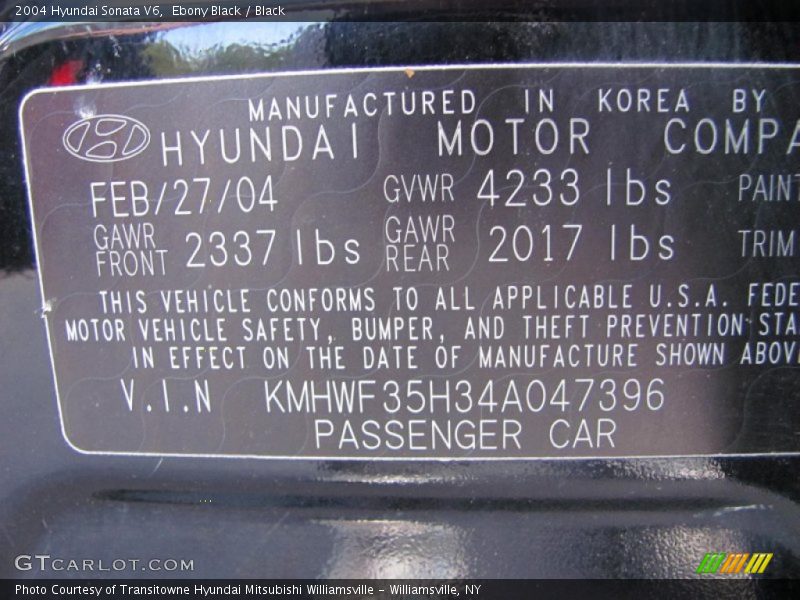 Ebony Black / Black 2004 Hyundai Sonata V6