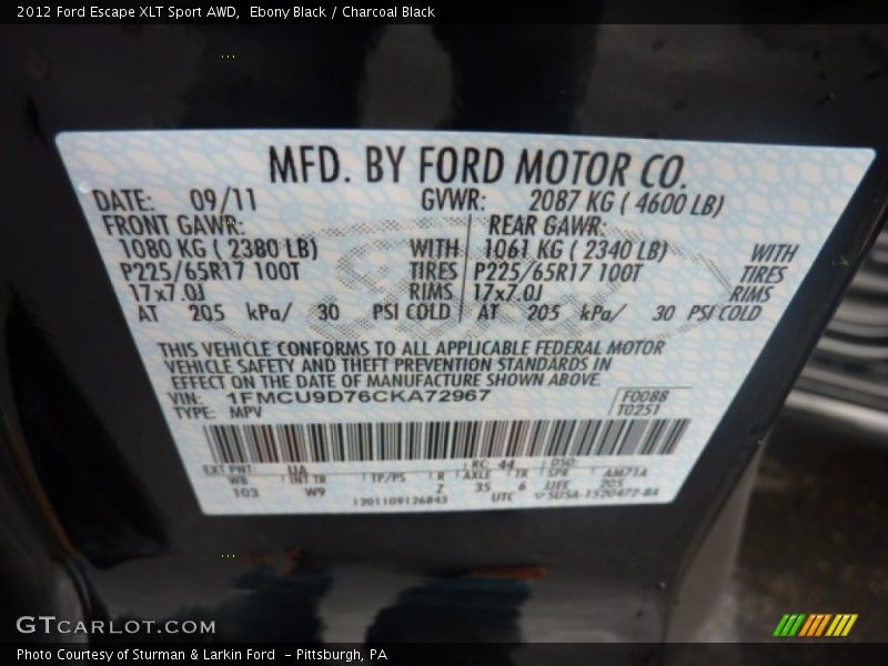 Ebony Black / Charcoal Black 2012 Ford Escape XLT Sport AWD