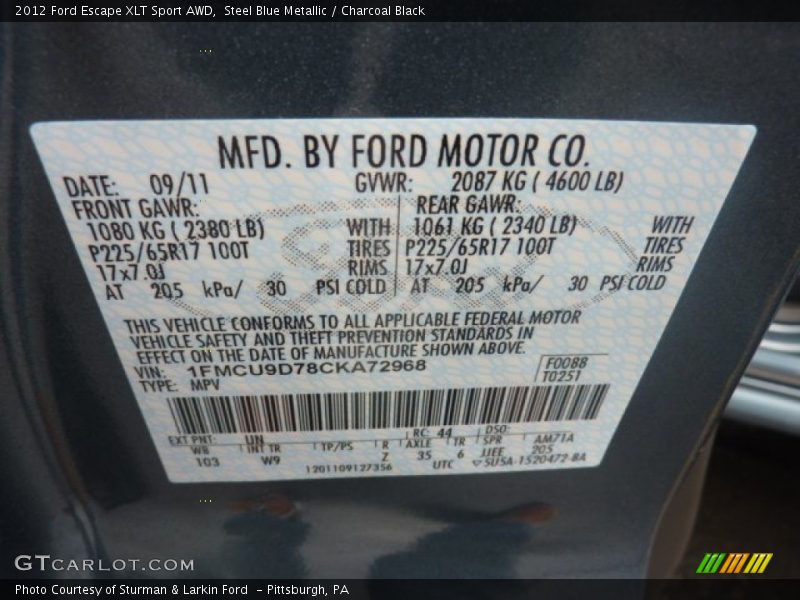 Steel Blue Metallic / Charcoal Black 2012 Ford Escape XLT Sport AWD