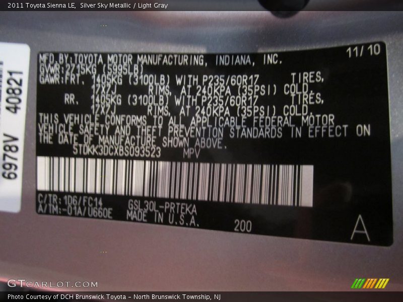 Silver Sky Metallic / Light Gray 2011 Toyota Sienna LE
