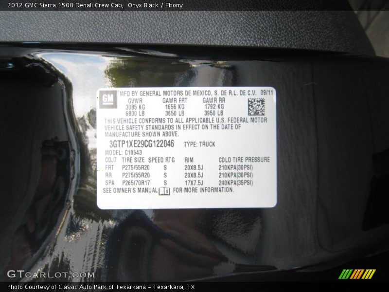 Info Tag of 2012 Sierra 1500 Denali Crew Cab