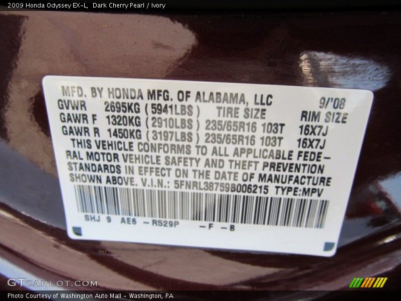 Dark Cherry Pearl / Ivory 2009 Honda Odyssey EX-L