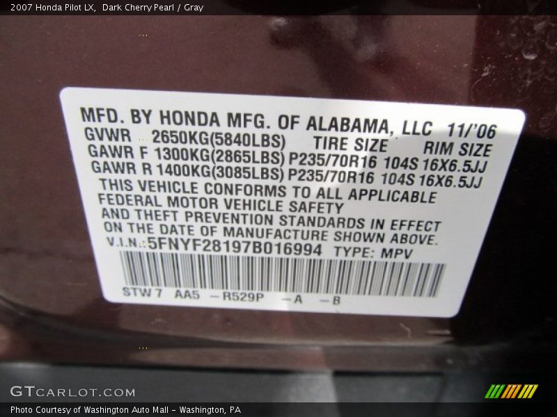 Dark Cherry Pearl / Gray 2007 Honda Pilot LX