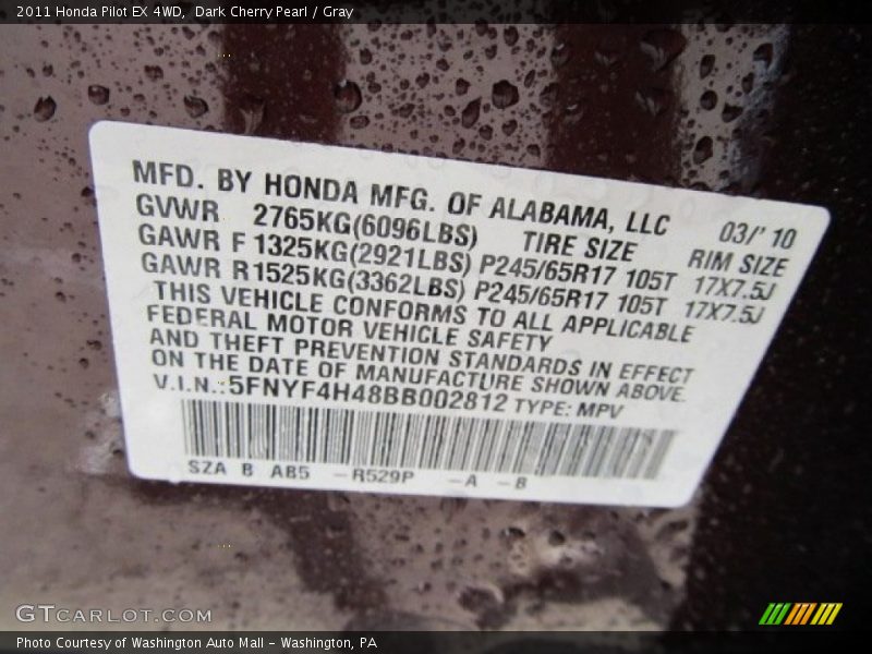Dark Cherry Pearl / Gray 2011 Honda Pilot EX 4WD