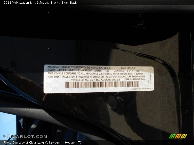 Black / Titan Black 2012 Volkswagen Jetta S Sedan