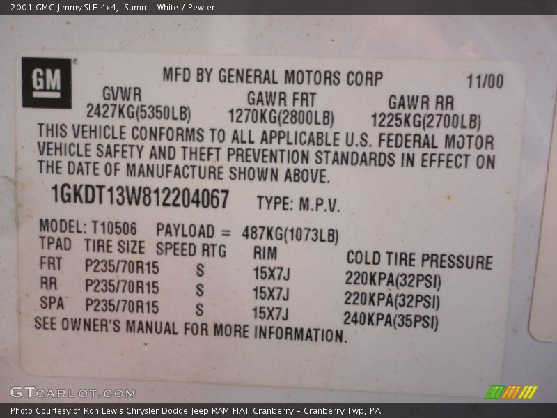 Summit White / Pewter 2001 GMC Jimmy SLE 4x4