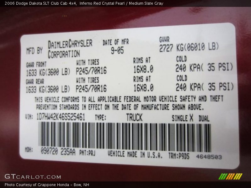 2006 Dakota SLT Club Cab 4x4 Inferno Red Crystal Pearl Color Code PRJ