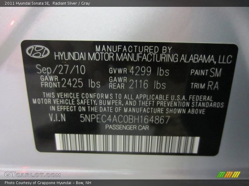 Radiant Silver / Gray 2011 Hyundai Sonata SE