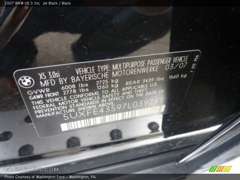 Jet Black / Black 2007 BMW X5 3.0si