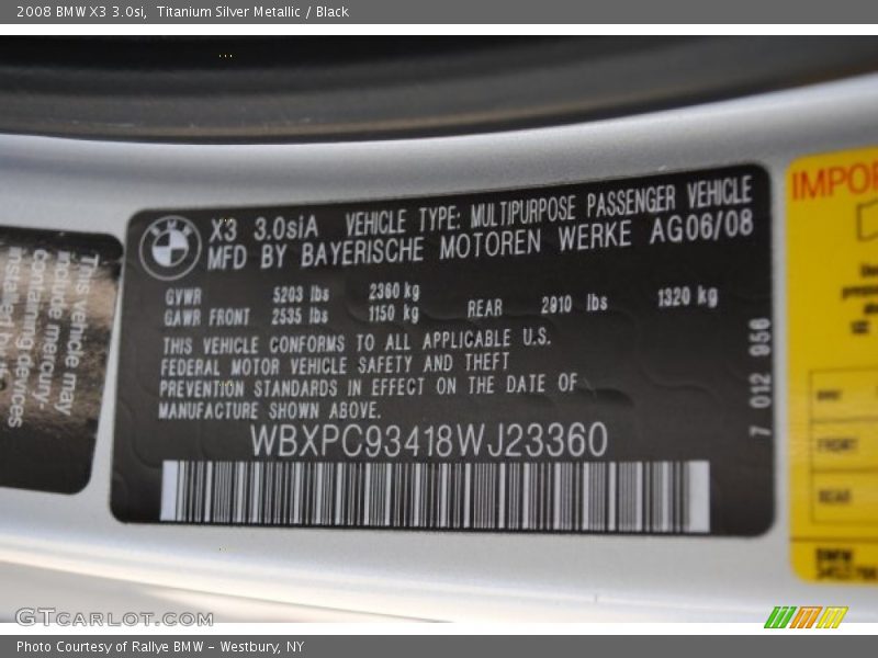 Titanium Silver Metallic / Black 2008 BMW X3 3.0si